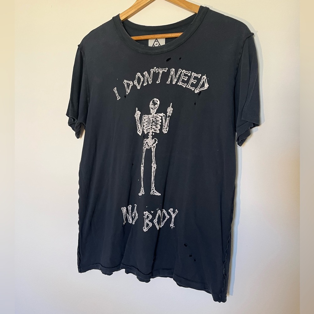 UNIF Distressed Charcoal Graphic Tee with Skeleton Design